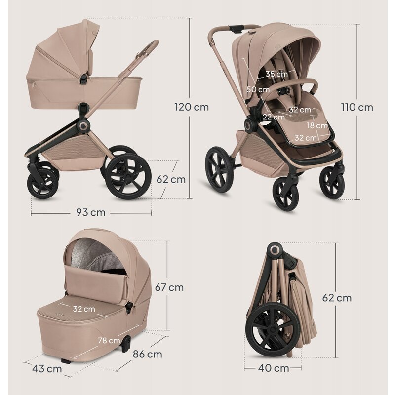 Carucior 3 in 1 Lionelo Freya cu Scoica Auto Astrid i-Size ADAC, Landou si Parte Sport, 0-22 kg, Bej