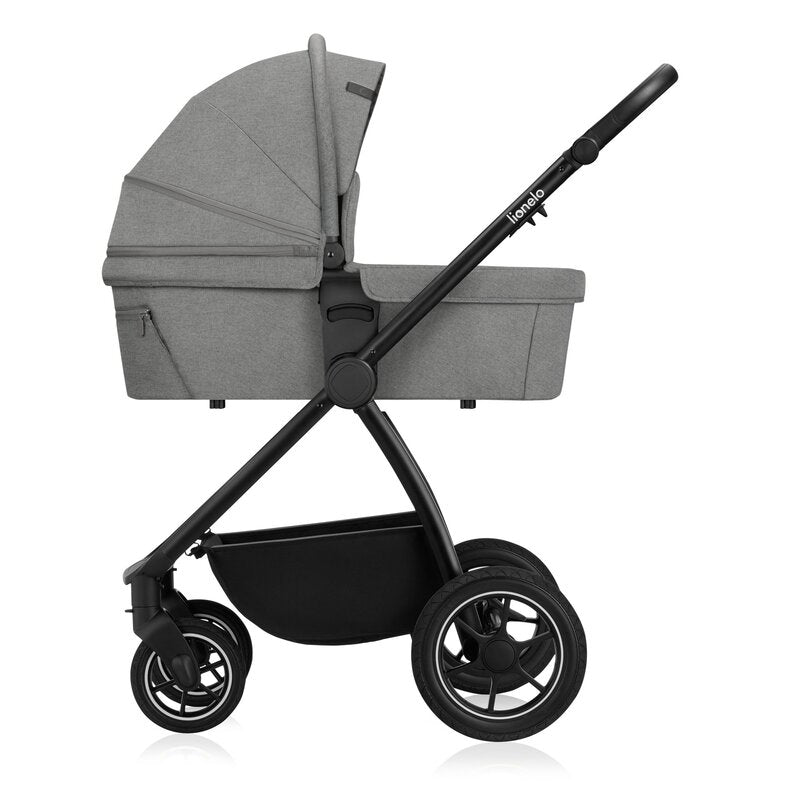 Carucior 3 in 1, Lionelo, Meril, Cu landou de dimensiune XL, Reversibil, Cu scoica auto testata ADAC, Cu accesorii, Pana la 22 kg, Conform cu EN1888-1 EN1888-2, EN1466, Gri