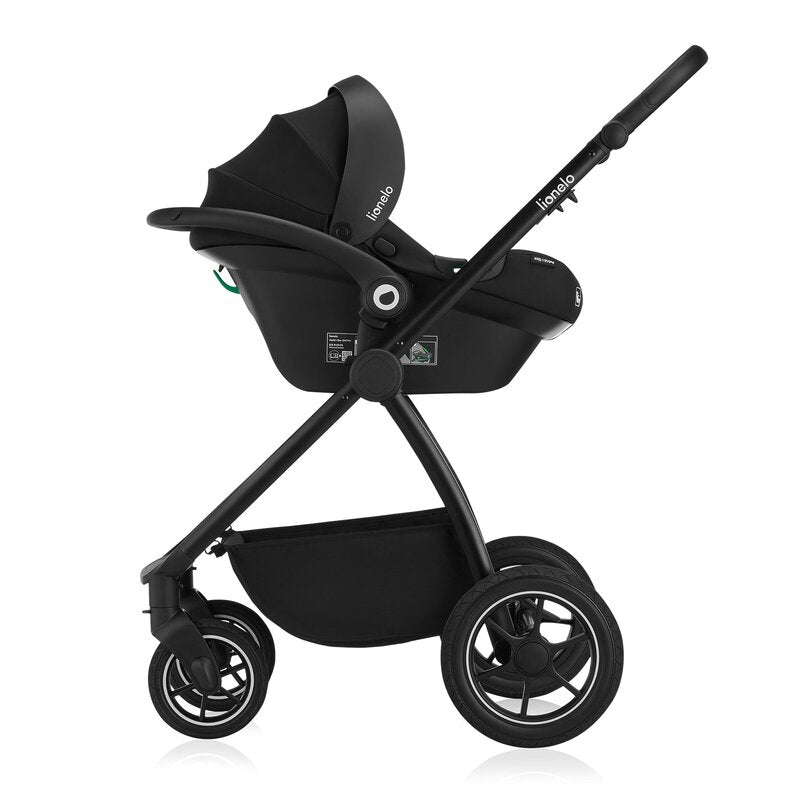 Carucior 3 in 1, Lionelo, Meril, Cu landou de dimensiune XL, Reversibil, Cu scoica auto testata ADAC, Cu accesorii, Pana la 22 kg, Conform cu EN1888-1 EN1888-2, EN1466, Negru