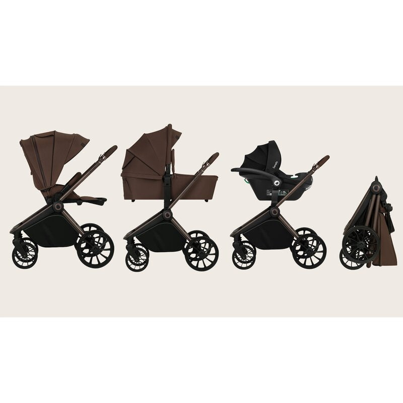 Carucior 3 in 1, Lionelo, Mika Plus, Cadru din aluminiu, Cu landou intarit si salteluta moale, Cu scoica auto testata ADAC, Reversibil, Cu sistem de ventilatie 3D, Cu accesorii, Pana la 22 kg, EN1888-1 EN1888-2 EN1466 ECE R129, Mocha Mousse