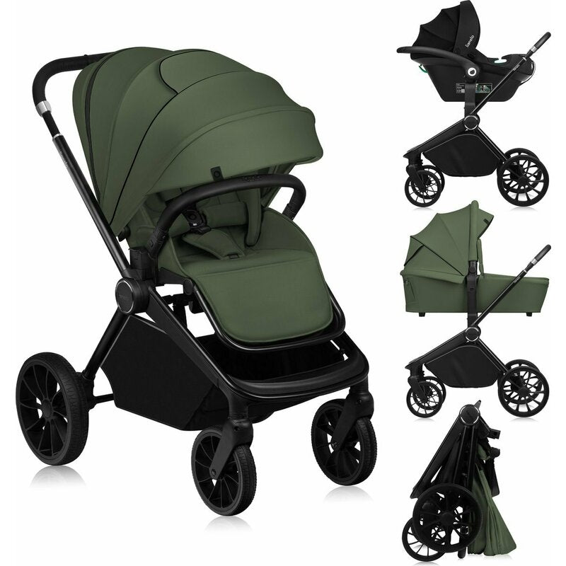 Carucior 3 in 1, Lionelo, Mika Plus, Cadru din aluminiu, Cu landou intarit si salteluta moale, Cu scoica auto testata ADAC, Reversibil, Cu sistem de ventilatie 3D, Cu accesorii, Pana la 22 kg, EN1888-1 EN1888-2 EN1466 ECE R129, Verde