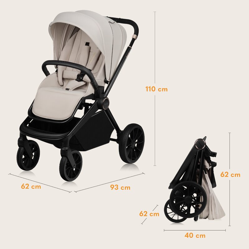 Carucior 3 in 1, Lionelo, Mika Plus, Cadru din aluminiu, Cu landou intarit si salteluta moale, Cu scoica auto testata ADAC, Reversibil, Cu sistem de ventilatie 3D, Cu accesorii, Pana la 22 kg, EN1888-1 EN1888-2 EN1466 ECE R129, Bej