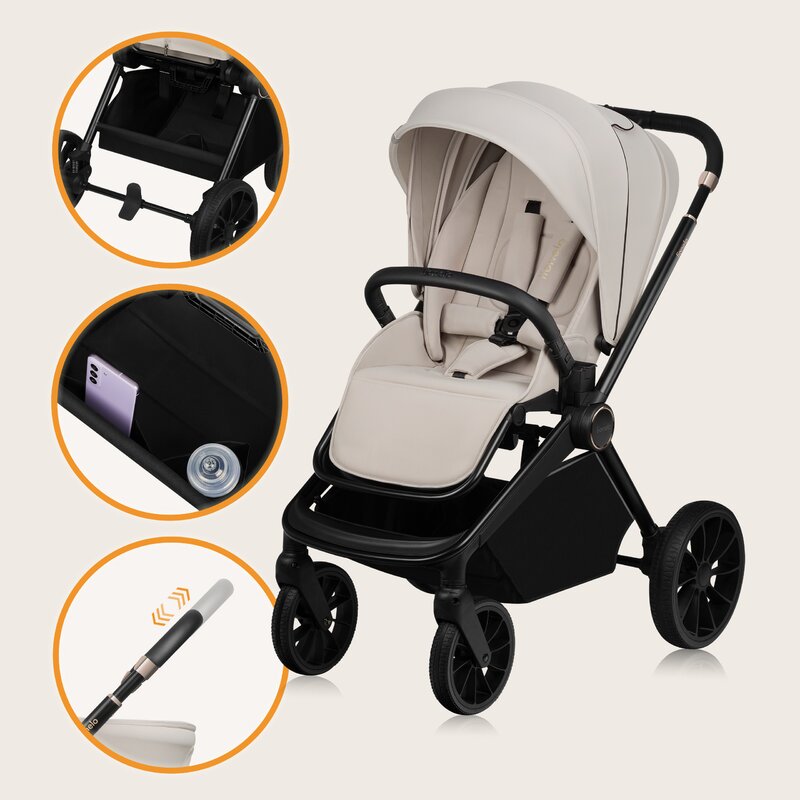 Carucior 3 in 1, Lionelo, Mika Plus, Cadru din aluminiu, Cu landou intarit si salteluta moale, Cu scoica auto testata ADAC, Reversibil, Cu sistem de ventilatie 3D, Cu accesorii, Pana la 22 kg, EN1888-1 EN1888-2 EN1466 ECE R129, Bej