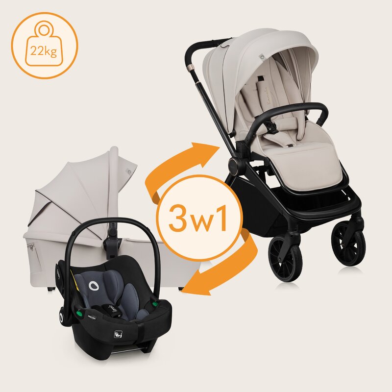 Carucior 3 in 1, Lionelo, Mika Plus, Cadru din aluminiu, Cu landou intarit si salteluta moale, Cu scoica auto testata ADAC, Reversibil, Cu sistem de ventilatie 3D, Cu accesorii, Pana la 22 kg, EN1888-1 EN1888-2 EN1466 ECE R129, Bej