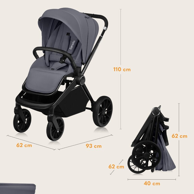 Carucior 3 in 1, Lionelo, Mika Plus, Cadru din aluminiu, Cu landou intarit si salteluta moale, Cu scoica auto testata ADAC, Reversibil, Cu sistem de ventilatie 3D, Cu accesorii, Pana la 22 kg, EN1888-1 EN1888-2 EN1466 ECE R129, Gri