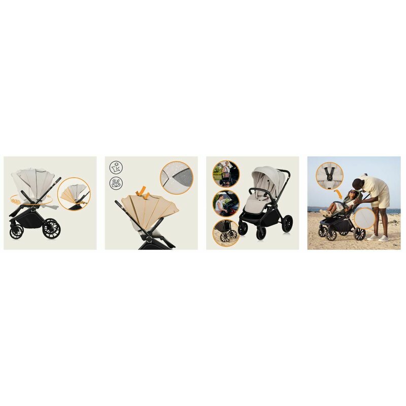 Carucior 3 in 1, Lionelo, Mika Plus, Cadru din aluminiu, Cu landou intarit si salteluta moale, Cu scoica auto testata ADAC, Reversibil, Cu sistem de ventilatie 3D, Cu accesorii, Pana la 22 kg, EN1888-1 EN1888-2 EN1466 ECE R129, Bej