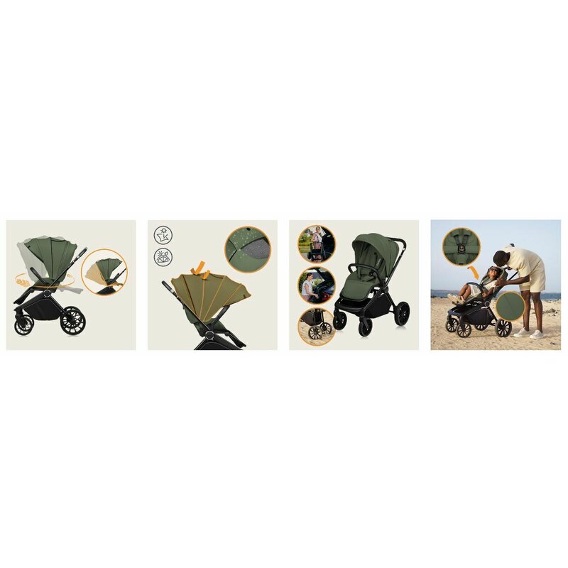 Carucior 3 in 1, Lionelo, Mika Plus, Cadru din aluminiu, Cu landou intarit si salteluta moale, Cu scoica auto testata ADAC, Reversibil, Cu sistem de ventilatie 3D, Cu accesorii, Pana la 22 kg, EN1888-1 EN1888-2 EN1466 ECE R129, Verde