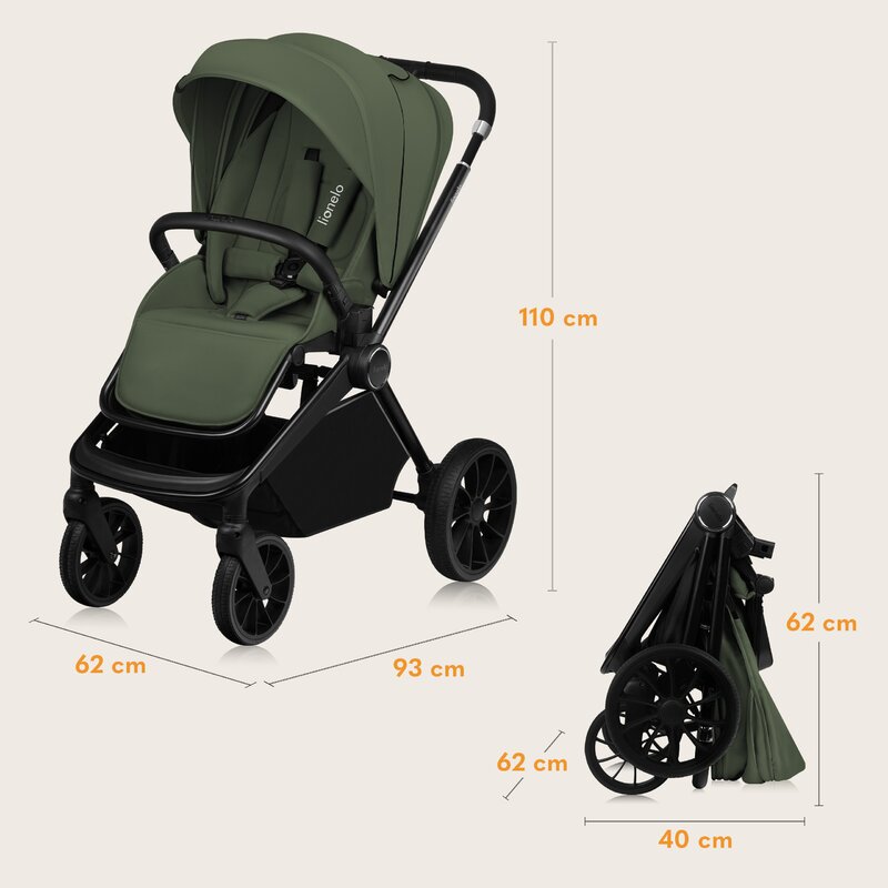 Carucior 3 in 1, Lionelo, Mika Plus, Cadru din aluminiu, Cu landou intarit si salteluta moale, Cu scoica auto testata ADAC, Reversibil, Cu sistem de ventilatie 3D, Cu accesorii, Pana la 22 kg, EN1888-1 EN1888-2 EN1466 ECE R129, Verde