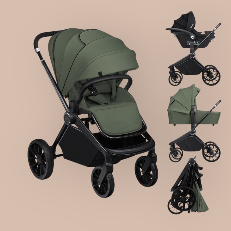 Carucior 3 in 1, Lionelo, Mika Plus, Cadru din aluminiu, Cu landou intarit si salteluta moale, Cu scoica auto testata ADAC, Reversibil, Cu sistem de ventilatie 3D, Cu accesorii, Pana la 22 kg, EN1888-1 EN1888-2 EN1466 ECE R129, Verde