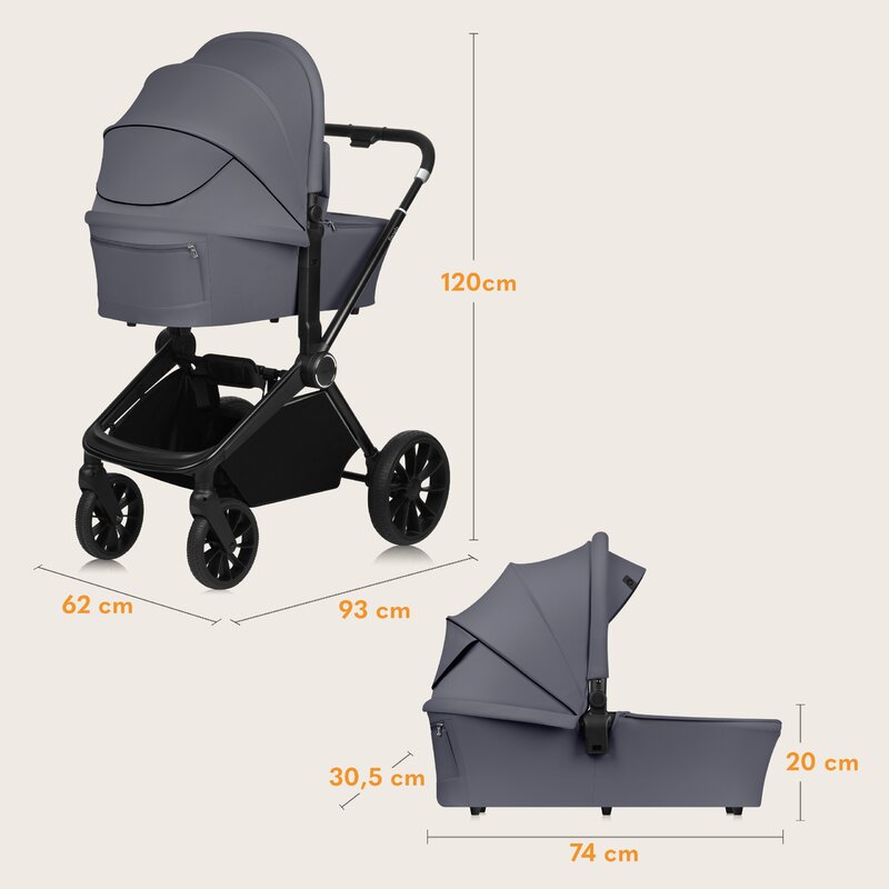Carucior 3 in 1, Lionelo, Mika Plus, Cadru din aluminiu, Cu landou intarit si salteluta moale, Cu scoica auto testata ADAC, Reversibil, Cu sistem de ventilatie 3D, Cu accesorii, Pana la 22 kg, EN1888-1 EN1888-2 EN1466 ECE R129, Gri