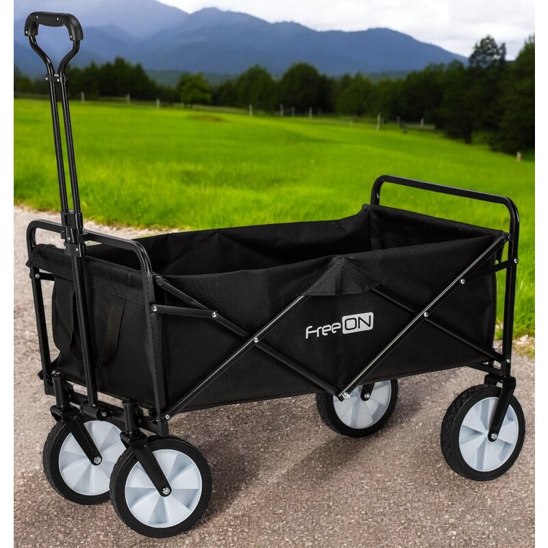 Carucior pliabil, FreeON, Pentru transportul diferitelor obiecte atat in casa, cat si in vacanta, Cu 2 buzunare, Maner reglabil 71-101 cm, Pana la 100 kg, 95x54x101 cm, Black