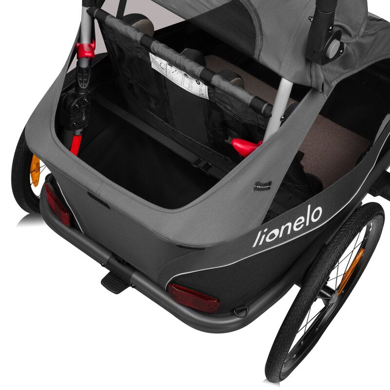 Carucior si remorca de bicicleta, Lionelo, Cama, Multifunctional, Pentru 1 sau 2 copii, Cu sistem de absorbtie a socurilor SIQ, Geamuri cu protectie solara, Gri