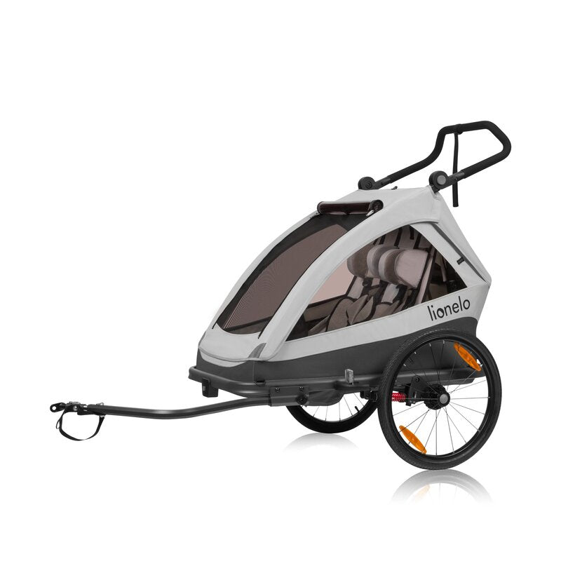 Carucior si remorca de bicicleta, Lionelo, Cama, Multifunctional, Pentru 1 sau 2 copii, Cu sistem de absorbtie a socurilor SIQ, Geamuri cu protectie solara, Gri