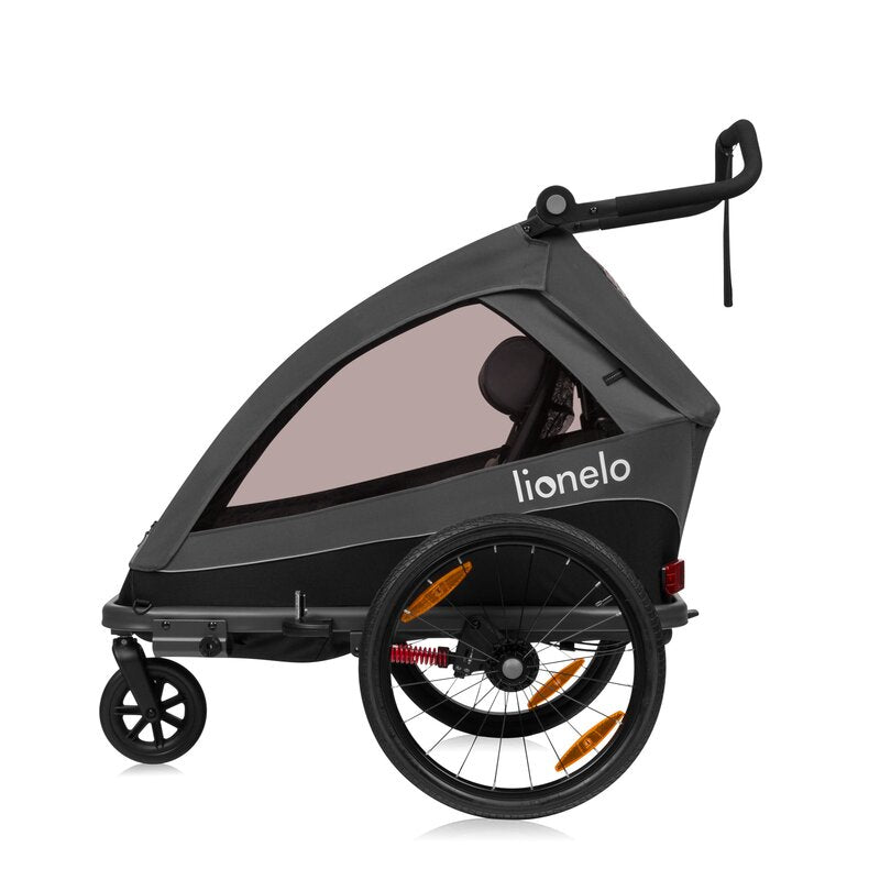 Carucior si remorca de bicicleta, Lionelo, Cama, Multifunctional, Pentru 1 sau 2 copii, Cu sistem de absorbtie a socurilor SIQ, Geamuri cu protectie solara, Negru