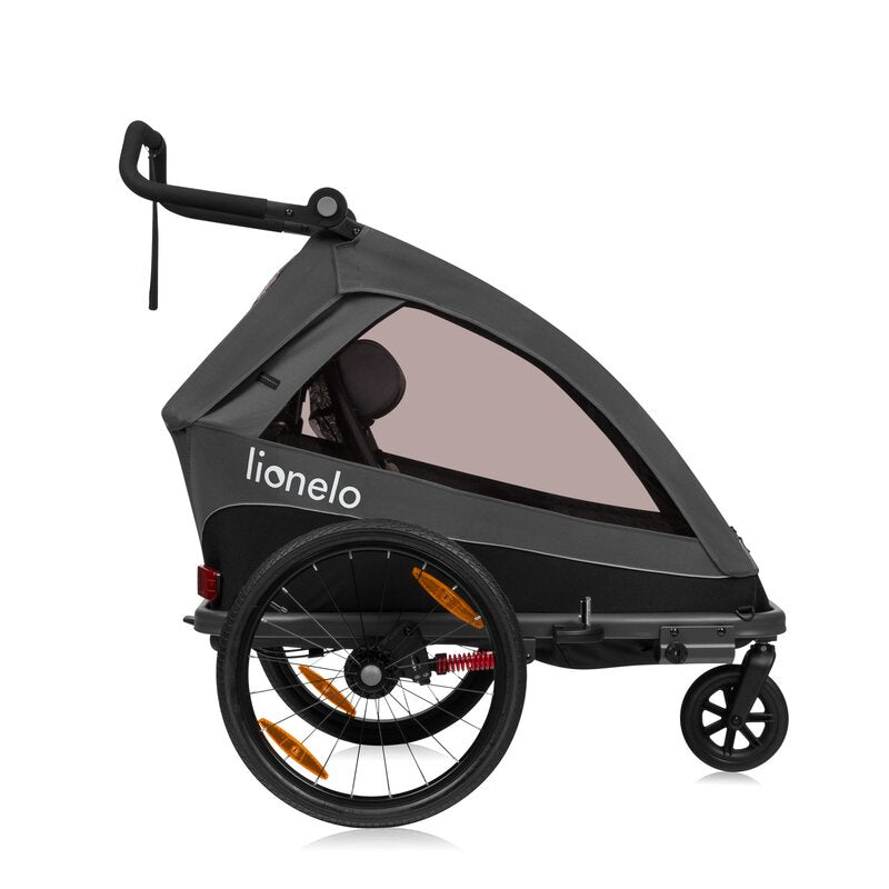 Carucior si remorca de bicicleta, Lionelo, Cama, Multifunctional, Pentru 1 sau 2 copii, Cu sistem de absorbtie a socurilor SIQ, Geamuri cu protectie solara, Negru