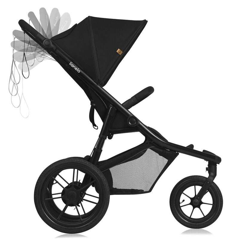 Carucior sport, Lionelo, Azura, Cu 3 roti, Cu baldachin XXL impermeabil, Pliere compacta, Pana la 22 kg, 6-48 luni, Conform cu standardele europene de securitate EN1888-1 si EN1888-2, Negru