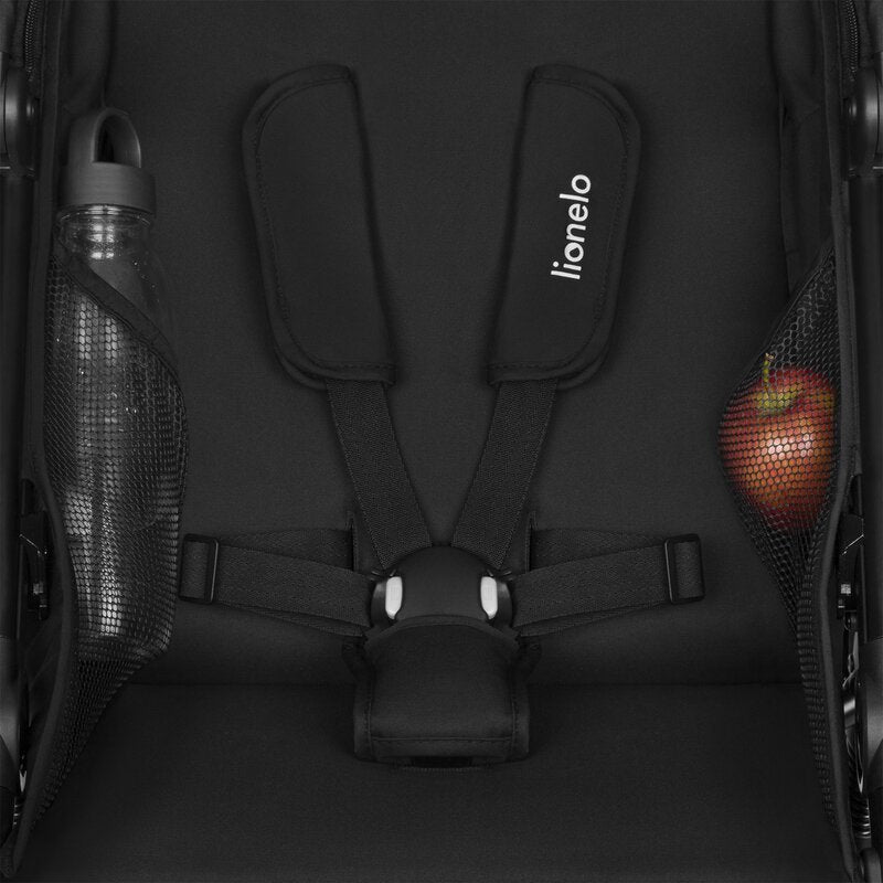 Carucior sport, Lionelo, Azura, Cu 3 roti, Cu baldachin XXL impermeabil, Pliere compacta, Pana la 22 kg, 6-48 luni, Conform cu standardele europene de securitate EN1888-1 si EN1888-2, Negru