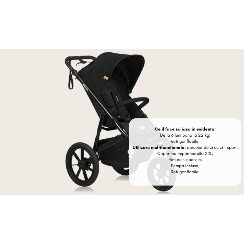 Carucior sport, Lionelo, Azura, Cu 3 roti, Cu baldachin XXL impermeabil, Pliere compacta, Pana la 22 kg, 6-48 luni, Conform cu standardele europene de securitate EN1888-1 si EN1888-2, Negru