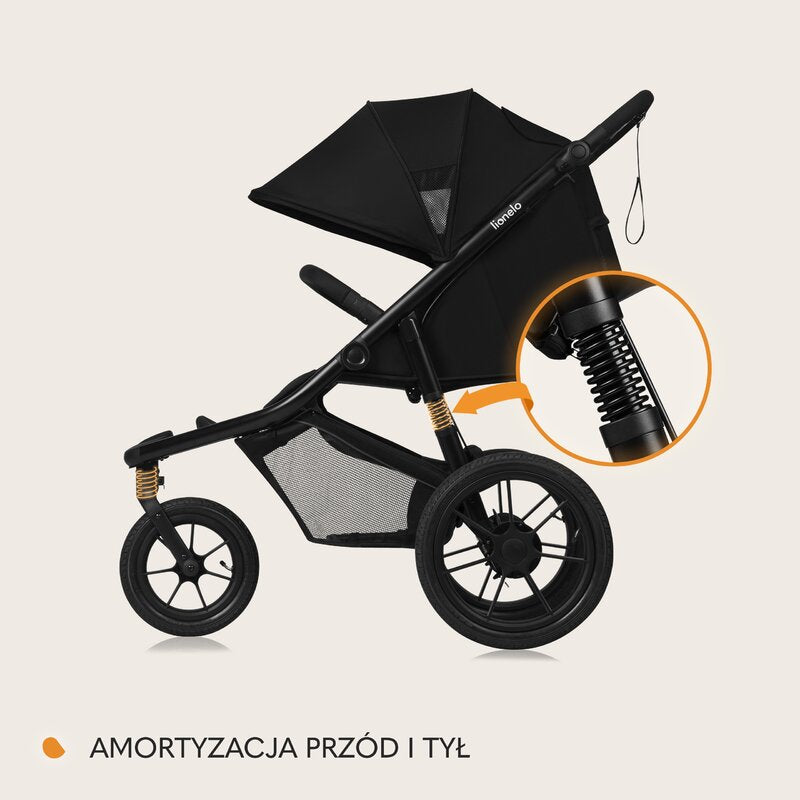 Carucior sport, Lionelo, Azura, Cu 3 roti, Cu baldachin XXL impermeabil, Pliere compacta, Pana la 22 kg, 6-48 luni, Conform cu standardele europene de securitate EN1888-1 si EN1888-2, Negru