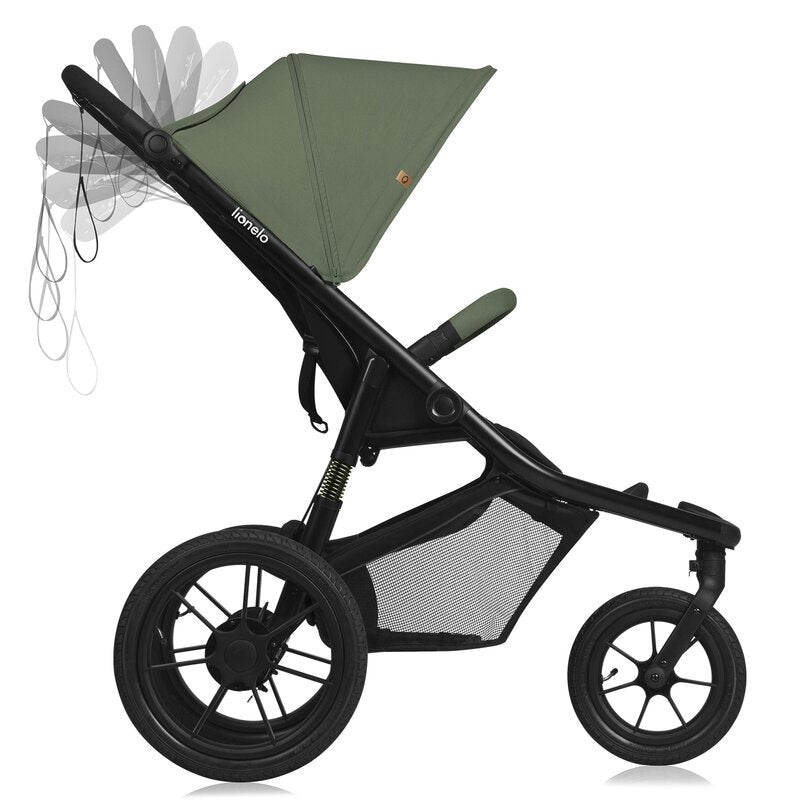 Carucior sport, Lionelo, Azura, Cu 3 roti, Cu baldachin XXL impermeabil, Pliere compacta, Pana la 22 kg, 6-48 luni, Conform cu standardele europene de securitate EN1888-1 si EN1888-2, Verde