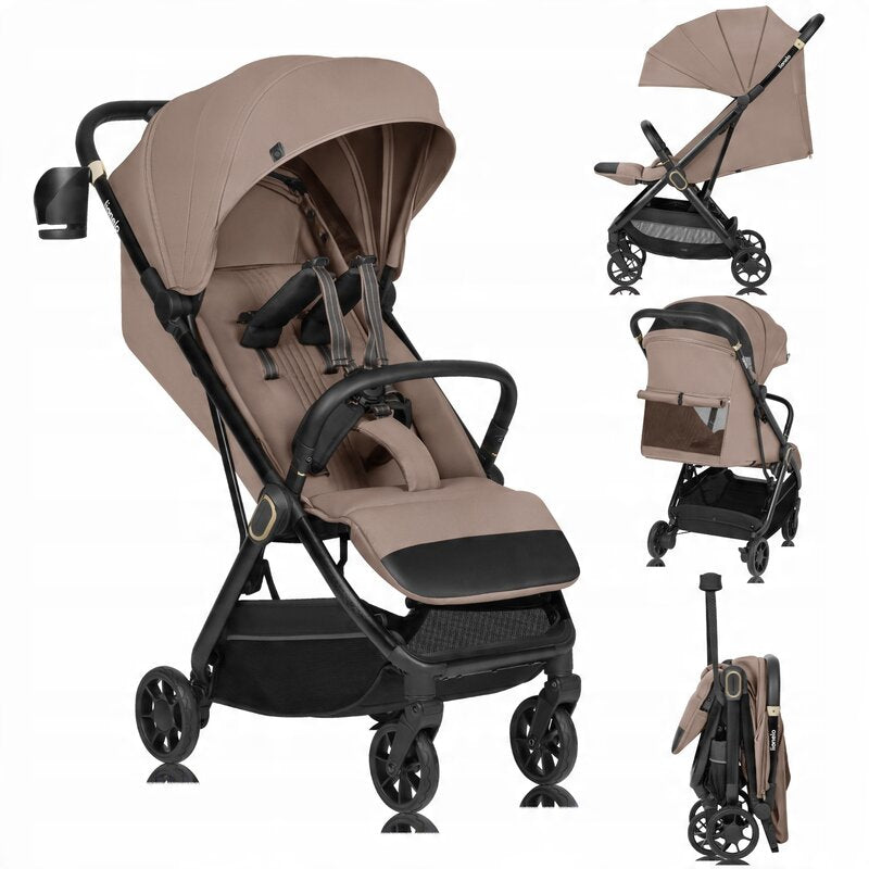 Carucior sport, Lionelo, Bess, Greutate 7.5 kg, Sustine 22 kg, 6 luni+, Capotina impermeabila si protectie SPF 50+, Include suport sticla, Pliere cu o singura mana, Maner pentru transport, Bej