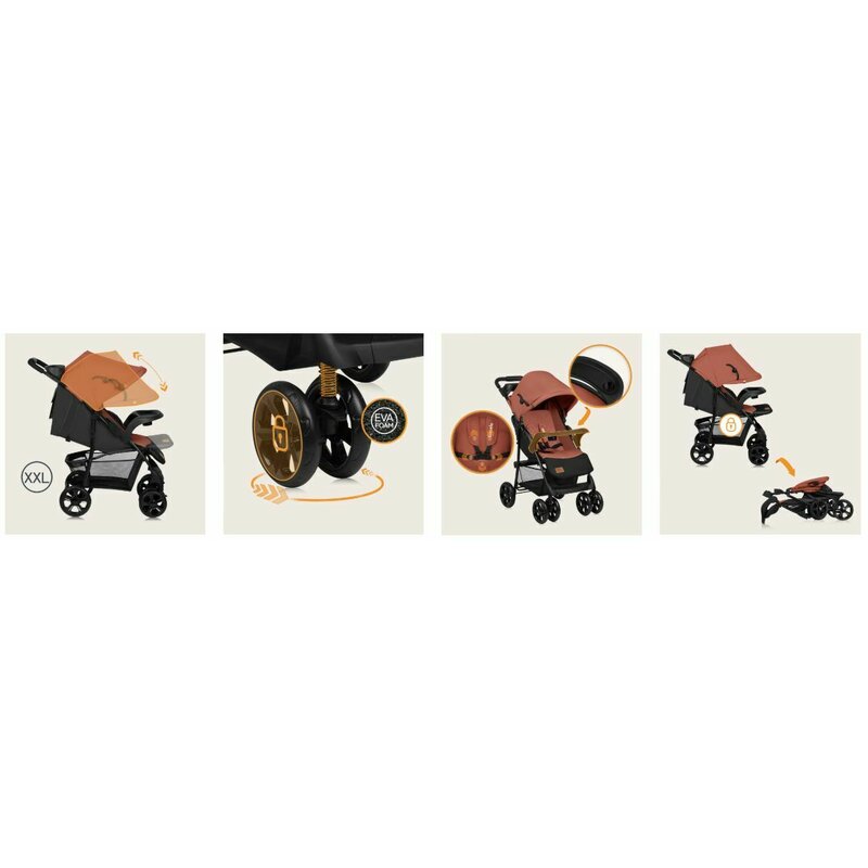 Carucior sport Lionelo Emma Plus Coral Pink – colaj cu detalii de utilizare