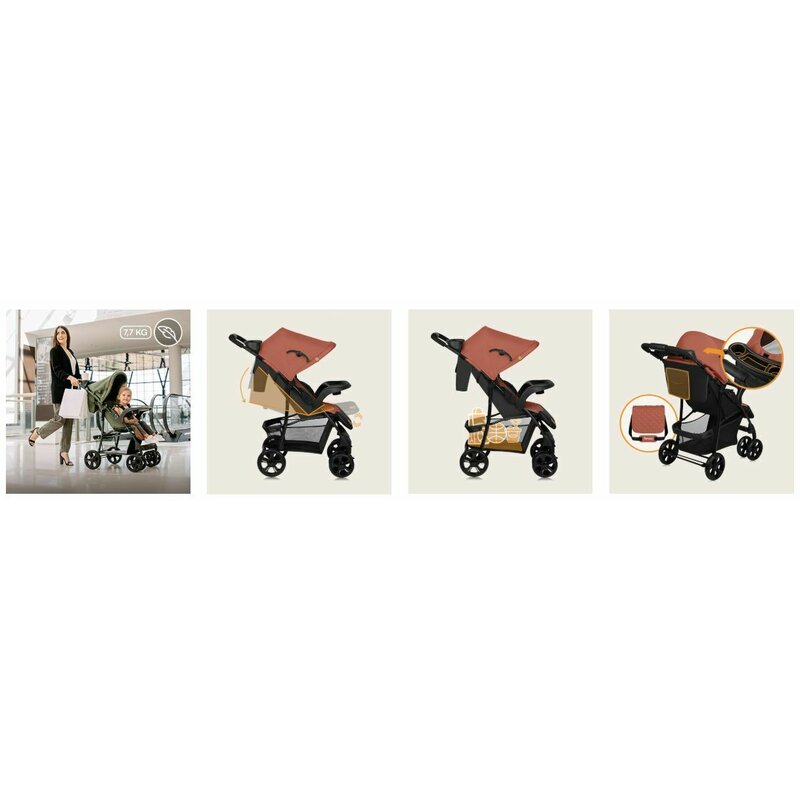 Carucior sport Lionelo Emma Plus Coral Pink – colaj cu detalii de utilizare
