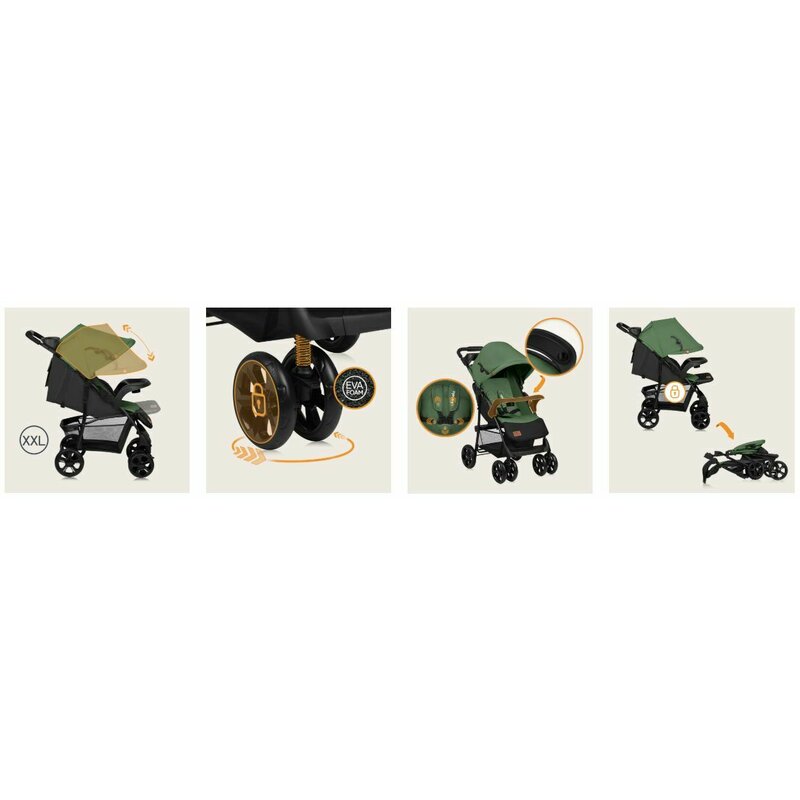 Carucior sport Lionelo Emma Plus Green Emerald – colaj cu detalii de utilizare
