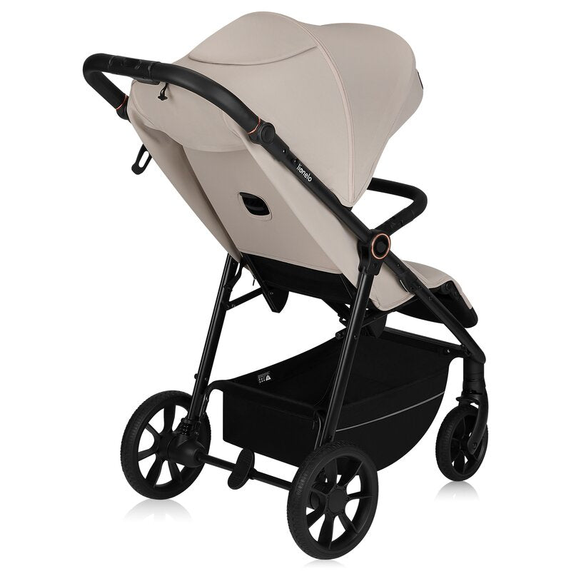 Carucior sport, Lionelo, Iva, Sustine 22 kg, 6 luni+, Capotina mare, Impermeabila, Protectie SPF 50+, 3 pozitii inclinare spatar, 8 pozitii inclinare suport picioare, 5 pozitii reglare maner, Include plasa de tantari si suport pentru biberon, Bej