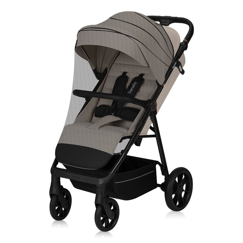 Carucior sport, Lionelo, Iva, Sustine 22 kg, 6 luni+, Capotina mare, Impermeabila, Protectie SPF 50+, 3 pozitii inclinare spatar, 8 pozitii inclinare suport picioare, 5 pozitii reglare maner, Include plasa de tantari si suport pentru biberon, Bej