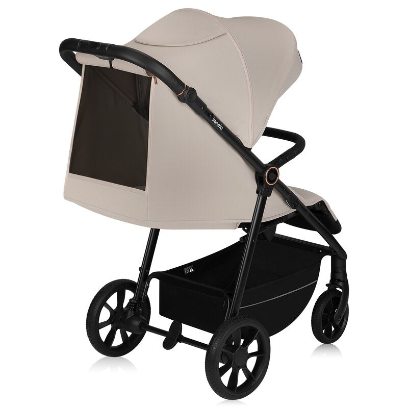 Carucior sport, Lionelo, Iva, Sustine 22 kg, 6 luni+, Capotina mare, Impermeabila, Protectie SPF 50+, 3 pozitii inclinare spatar, 8 pozitii inclinare suport picioare, 5 pozitii reglare maner, Include plasa de tantari si suport pentru biberon, Bej