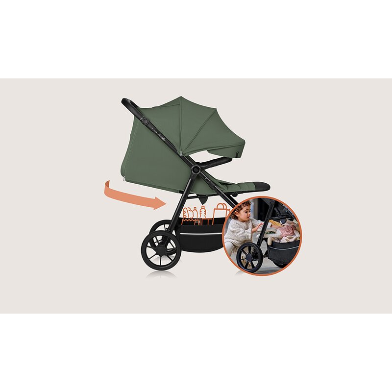 Carucior sport, Lionelo, Iva, Sustine 22 kg, 6 luni+, Capotina mare, Impermeabila, Protectie SPF 50+, 3 pozitii inclinare spatar, 8 pozitii inclinare suport picioare, 5 pozitii reglare maner, Include plasa de tantari si suport pt biberon, Verde