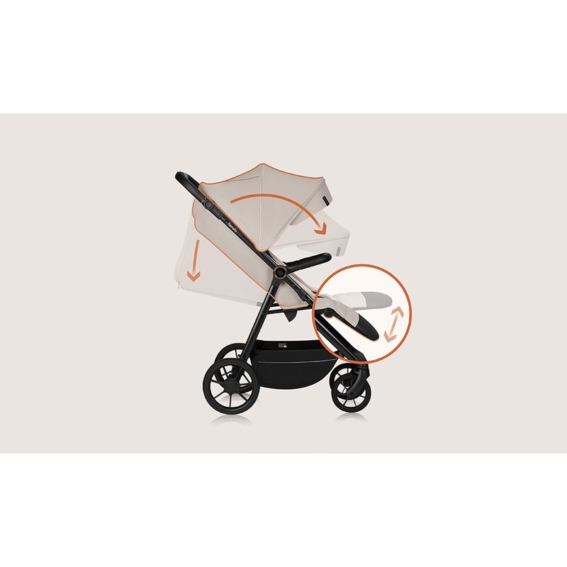 Carucior sport, Lionelo, Iva, Sustine 22 kg, 6 luni+, Capotina mare, Impermeabila, Protectie SPF 50+, 3 pozitii inclinare spatar, 8 pozitii inclinare suport picioare, 5 pozitii reglare maner, Include plasa de tantari si suport pentru biberon, Bej
