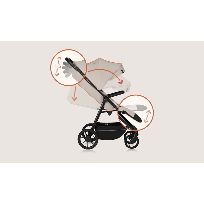Carucior sport, Lionelo, Iva, Sustine 22 kg, 6 luni+, Capotina mare, Impermeabila, Protectie SPF 50+, 3 pozitii inclinare spatar, 8 pozitii inclinare suport picioare, 5 pozitii reglare maner, Include plasa de tantari si suport pentru biberon, Bej
