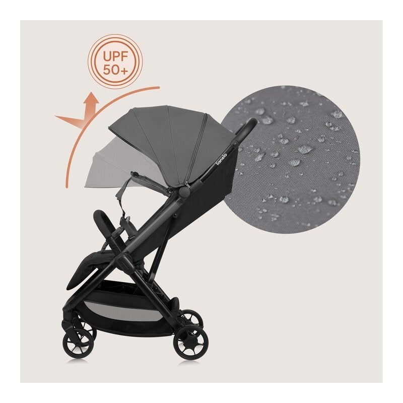 Carucior sport, Lionelo, Julie Air, Greutate redusa - 7.5 kg, Sustine 22 kg, 6 luni+, Capotina impermeabila, Protectie SPF 50+, Include suport sticla, Pliere compacta pentru calatorii, Conform cu EN1888-1 si EN1888-2, Gri