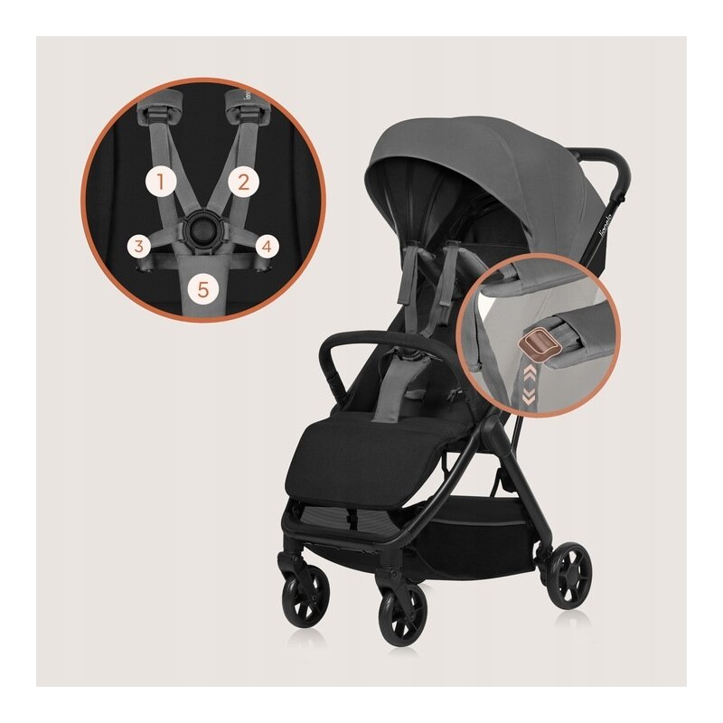Carucior sport, Lionelo, Julie Air, Greutate redusa - 7.5 kg, Sustine 22 kg, 6 luni+, Capotina impermeabila, Protectie SPF 50+, Include suport sticla, Pliere compacta pentru calatorii, Conform cu EN1888-1 si EN1888-2, Gri