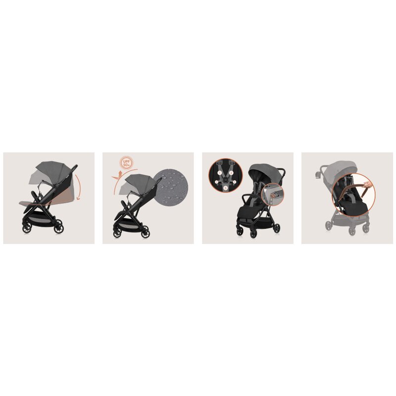 Carucior sport, Lionelo, Julie Air, Greutate redusa - 7.5 kg, Sustine 22 kg, 6 luni+, Capotina impermeabila, Protectie SPF 50+, Include suport sticla, Pliere compacta pentru calatorii, Conform cu EN1888-1 si EN1888-2, Gri