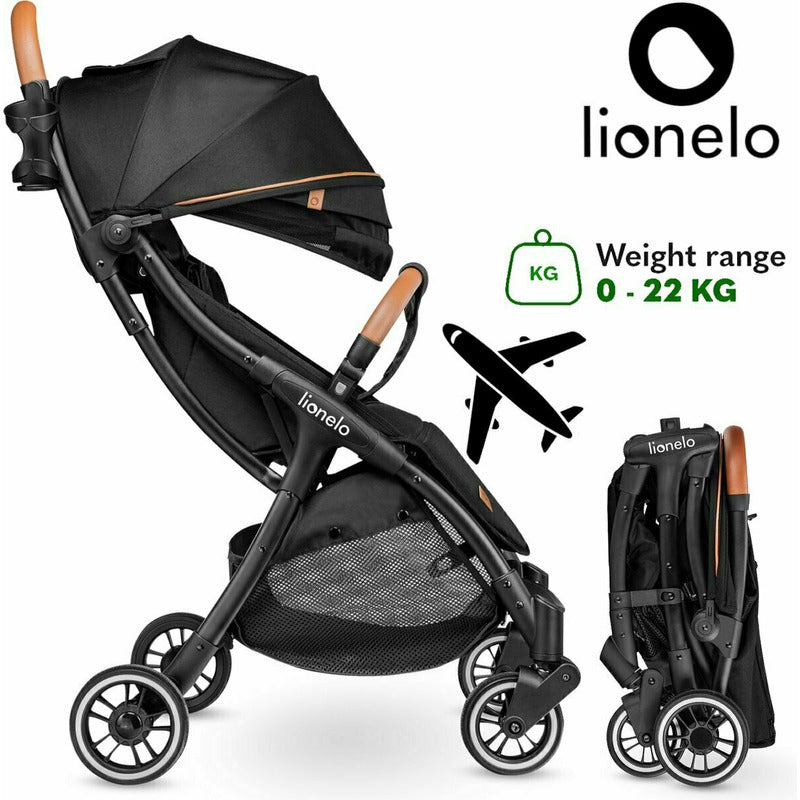 Carucior sport, Lionelo, Julie One, De la nastere, Greutate redusa, Cu accesorii, Cadru din aluminiu, 0-22 kg, Pliere compacta pentru avion, Conform cu standardele europene de securitate EN1888-1 si EN1888-2, Negru/Auriu