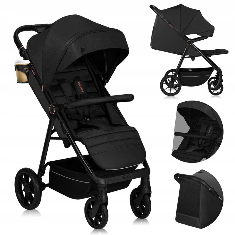 Carucior sport, Lionelo, Mira, Maner reglabil in 5 pozitii, Spatar si suport de picioare reglabile, Plasa de tantari si suport biberon incluse, Pana la 22 kg, 6 luni+, Conform cu EN1888-1, EN1888-2, Testare SGS, Negru