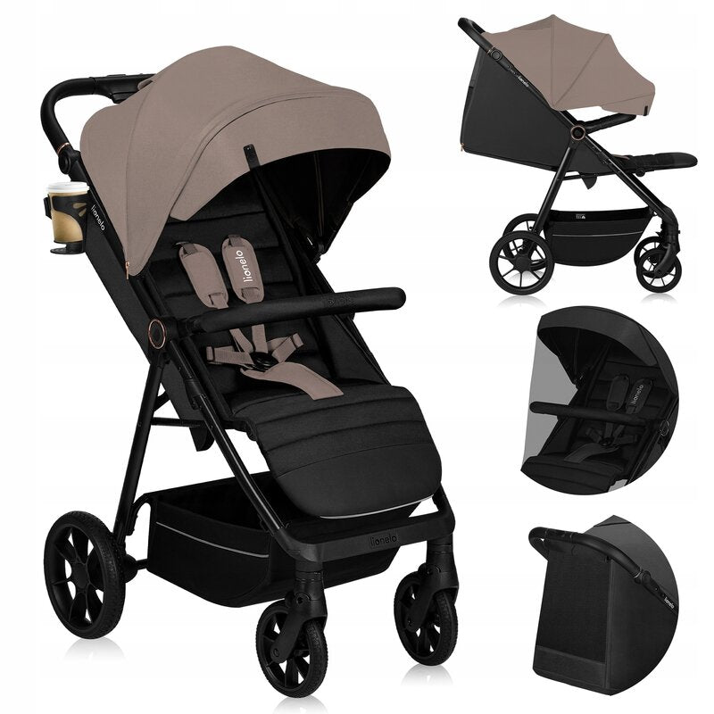 Carucior sport, Lionelo, Mira, Maner reglabil in 5 pozitii, Spatar si suport de picioare reglabile, Plasa de tantari si suport biberon incluse, Pana la 22 kg, 6 luni+, Conform cu EN1888-1, EN1888-2, Testare SGS, Bej