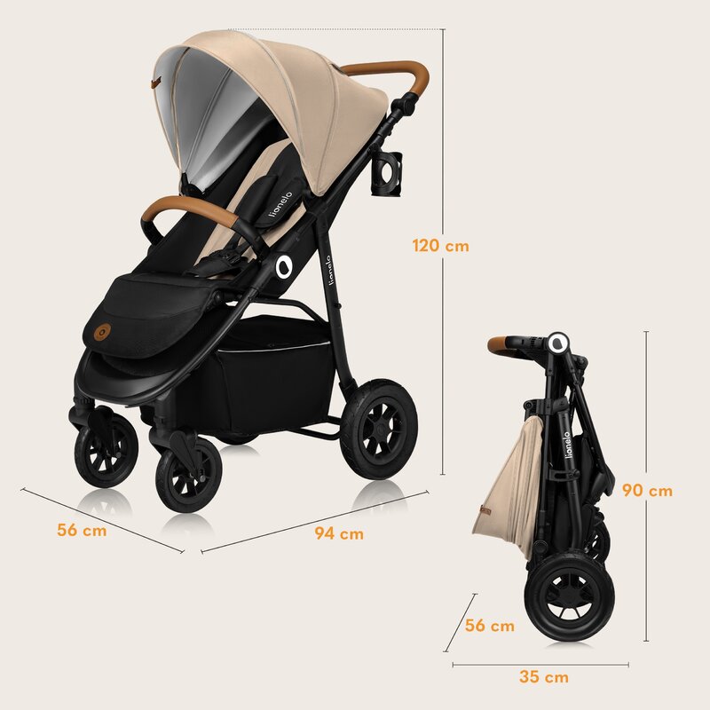 Carucior sport, Lionelo, Natt, De la nastere, Cu accesorii si capotina XXL reglabila, 0 - 22 kg, Conform cu standardele europene de securitate EN1888-1, EN1888-2, Bej