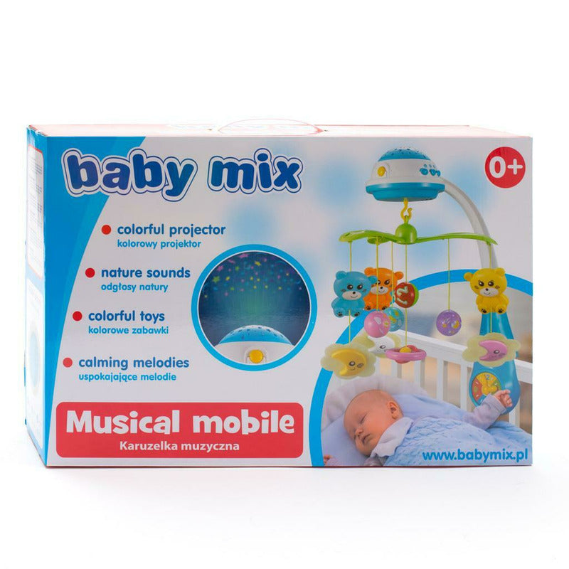 Carusel muzical, BabyMix, Pentru patut bebelusi, Cu proiectii, Cu melodii si sunete ale naturii, Cu 10 jucarii si ceas de jucarie pe suport, Mint
