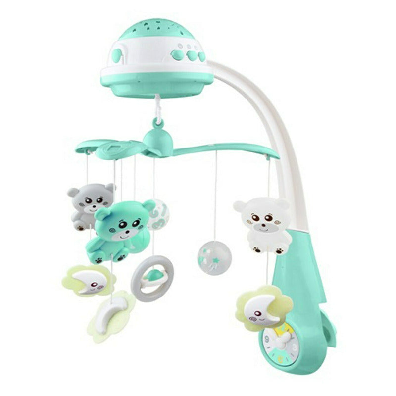 Carusel muzical, BabyMix, Pentru patut bebelusi, Cu proiectii, Cu melodii si sunete ale naturii, Cu 10 jucarii si ceas de jucarie pe suport, Mint