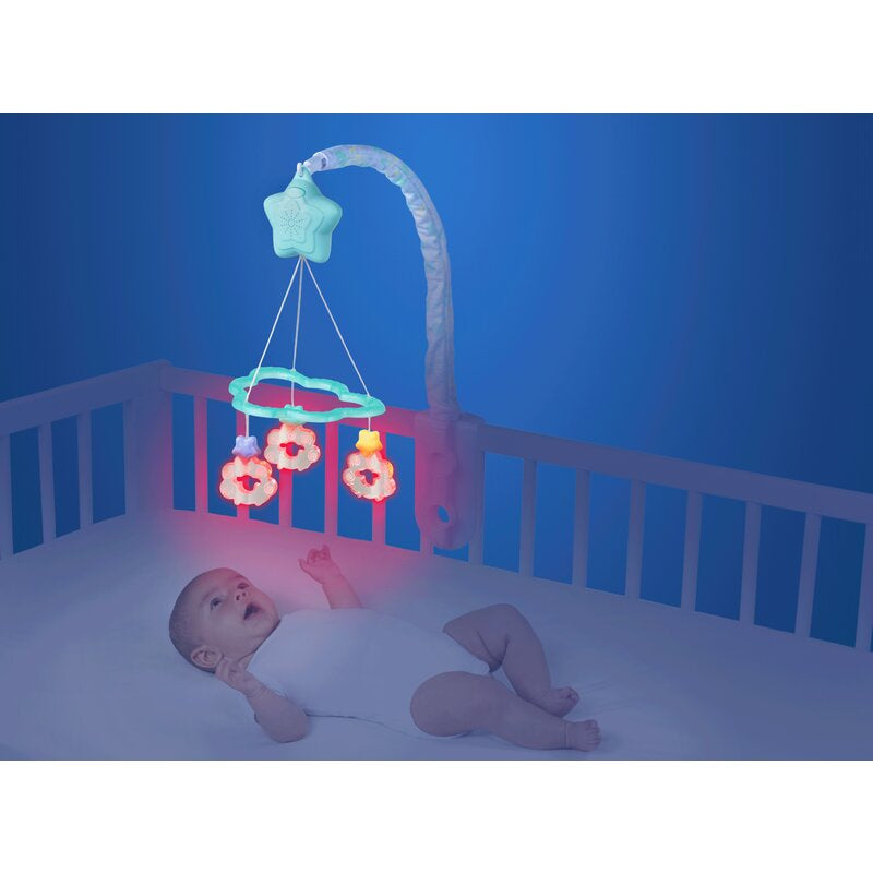 Carusel muzical, Playgro, Cu stelute si norisori, Pana la 30 de minute de muzica linistitoare, Cu 3 moduri de functionare: lumina si muzica, doar lumina sau doar muzica, Astasabil la patut, Fara BPA, Dreamtime Soothing Light Up Mobile