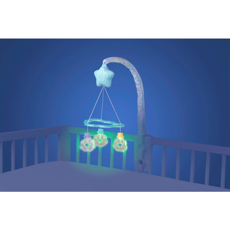 Carusel muzical, Playgro, Cu stelute si norisori, Pana la 30 de minute de muzica linistitoare, Cu 3 moduri de functionare: lumina si muzica, doar lumina sau doar muzica, Astasabil la patut, Fara BPA, Dreamtime Soothing Light Up Mobile