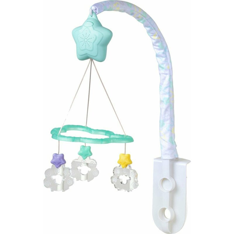 Carusel muzical, Playgro, Cu stelute si norisori, Pana la 30 de minute de muzica linistitoare, Cu 3 moduri de functionare: lumina si muzica, doar lumina sau doar muzica, Astasabil la patut, Fara BPA, Dreamtime Soothing Light Up Mobile