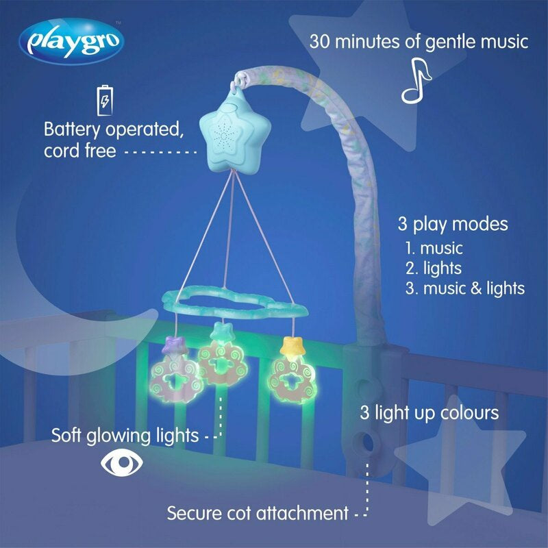 Carusel muzical, Playgro, Cu stelute si norisori, Pana la 30 de minute de muzica linistitoare, Cu 3 moduri de functionare: lumina si muzica, doar lumina sau doar muzica, Astasabil la patut, Fara BPA, Dreamtime Soothing Light Up Mobile