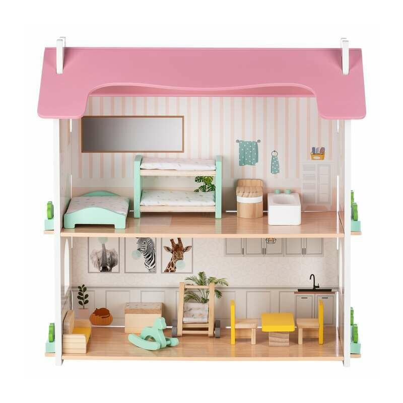 Casuta de papusi, Free2Play, Din lemn, Cu 11 piese de mobilier, Cu acces facil, 48,3 x 21 x 48 cm, 36 luni+, Multicolor