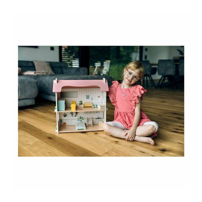Casuta de papusi, Free2Play, Din lemn, Cu 11 piese de mobilier, Cu acces facil, 48,3 x 21 x 48 cm, 36 luni+, Multicolor