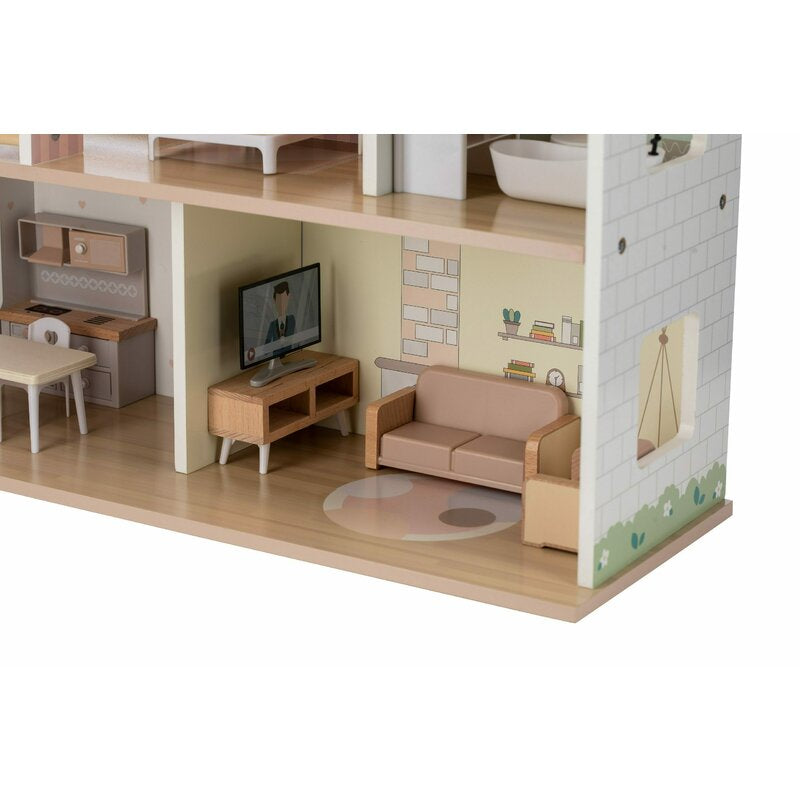 Casuta de papusi, Free2Play, Din lemn, Cu 13 piese de mobilier, Cu acces facil, 52 x 19,5 x 40 cm, 36 luni+, Multicolor